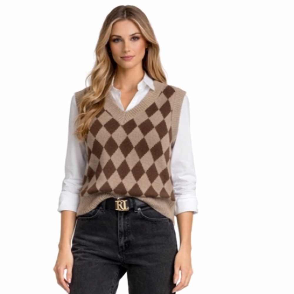 Sincerely Jules NWT Sweater vest tan and brown with diamond pattern size x small